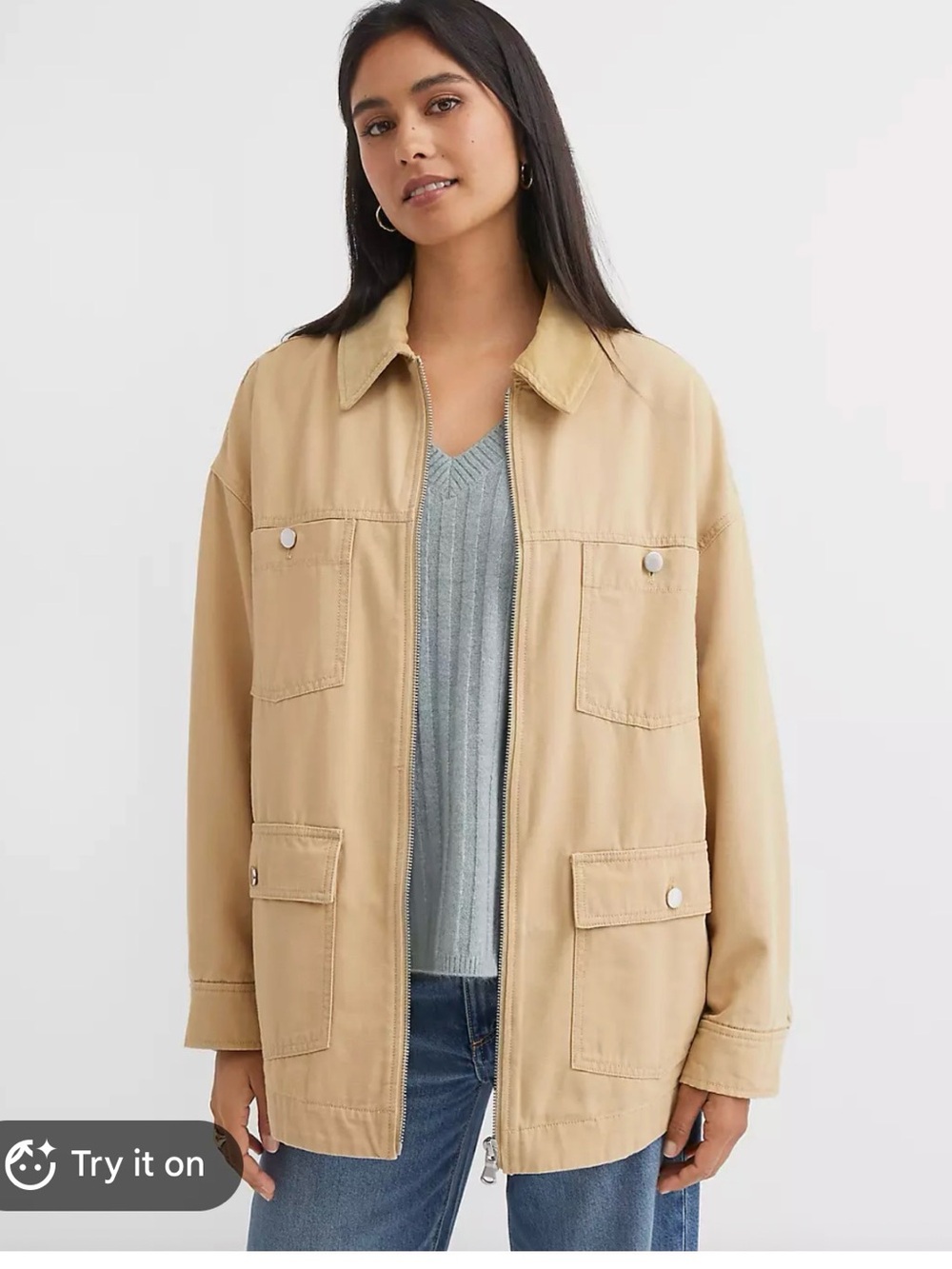 Loft khaki cotton canvas utility barn jacket 4 pockets corduroy collar - S